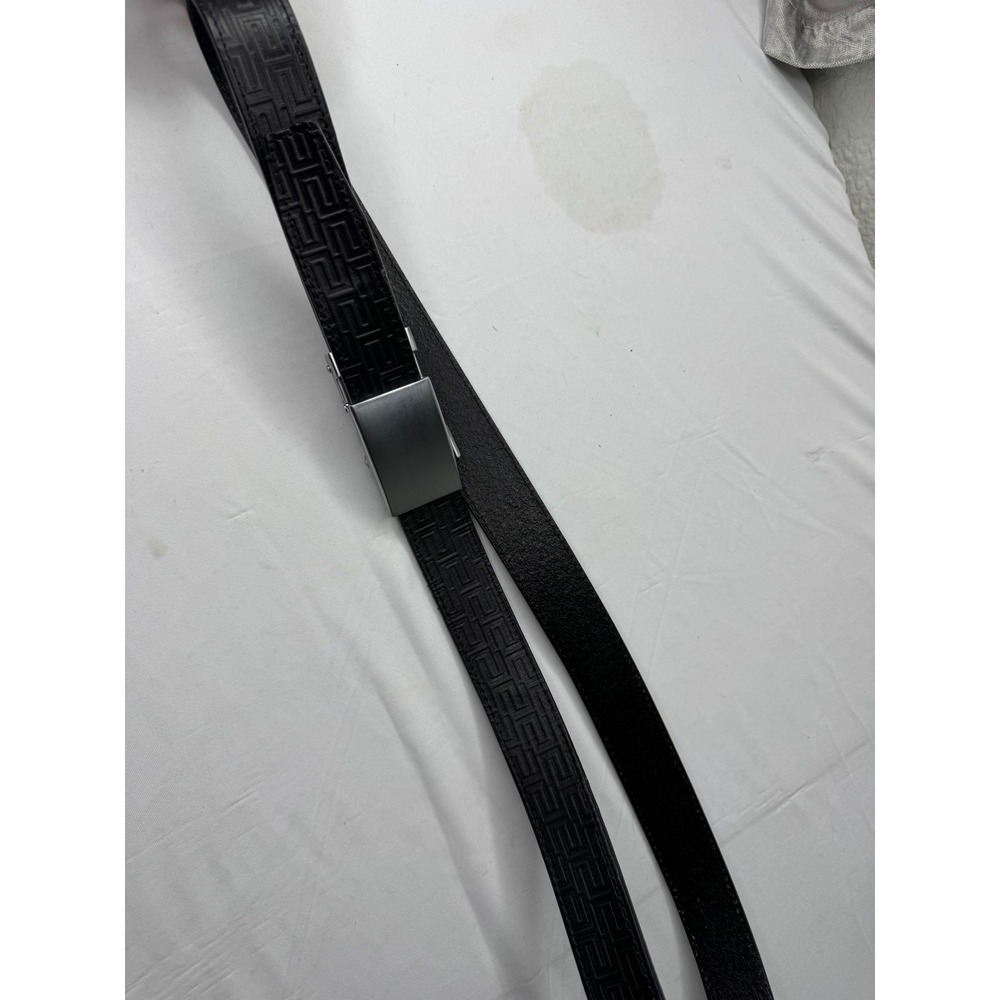 Anson Belt Mens Black Leather Ratchet Strap Greek Key Embossed Silver Buckle 52"